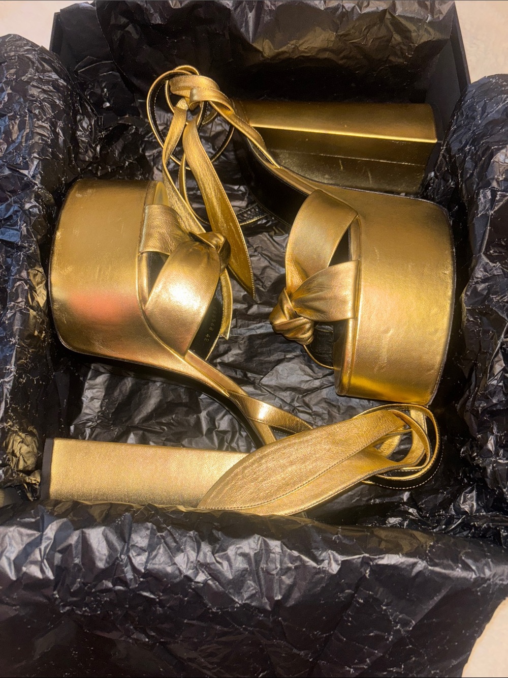 Saint Laurent Gold PAIGE Platform Wrap-Heel Sandals